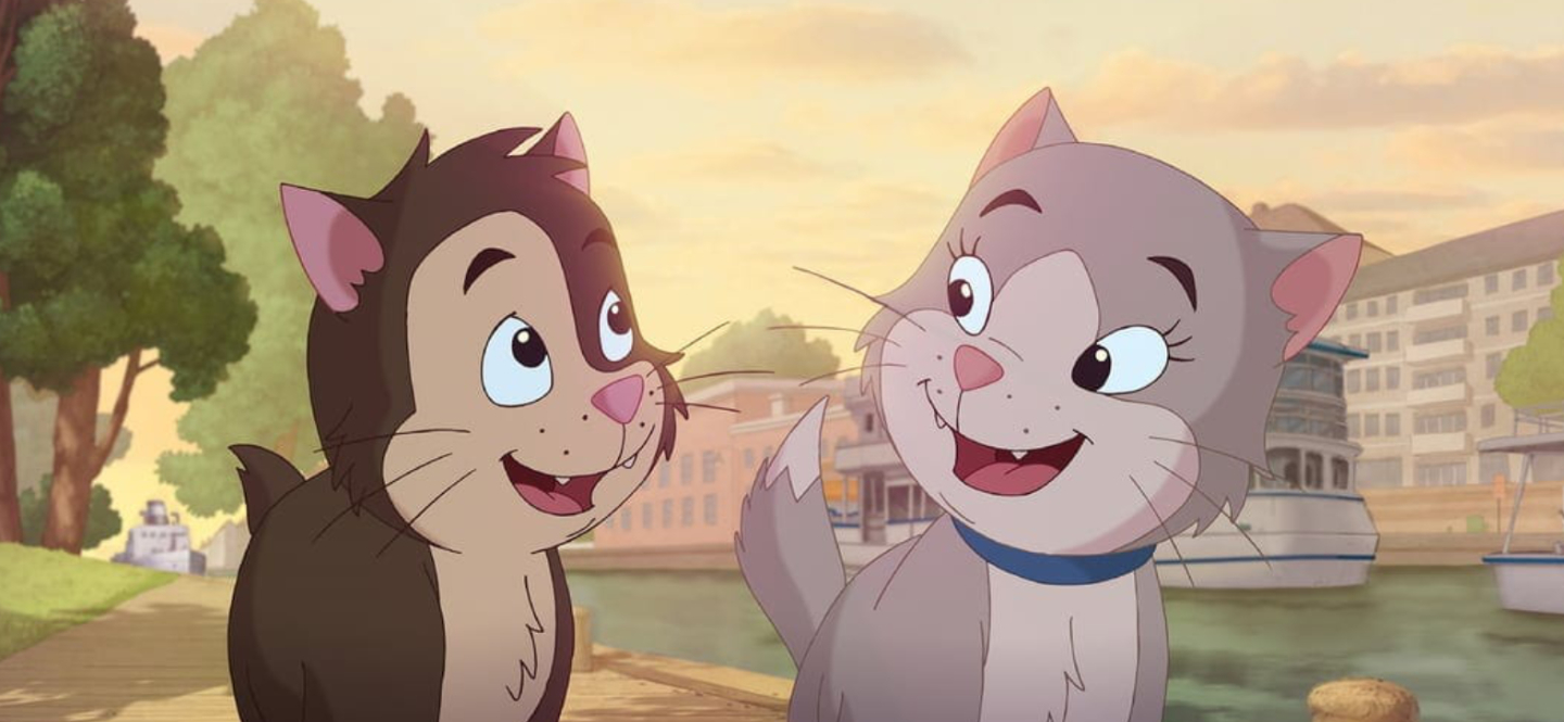 Kadr z animacji "Filonek Bezogonek" Dwa kotki patrzące na siebie