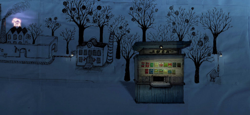 Kadr z z animacji "Zabij to i wyjedź z tego miasta". Park wieczorem. Na pierwszym planie kiosk z gazetami.