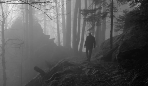 Na zdjęciu samotny mężczyzna idący leśną, górską ścieżką.