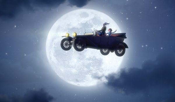 Na zdjęciu starodawny samochód lecący na tle Księżyca.