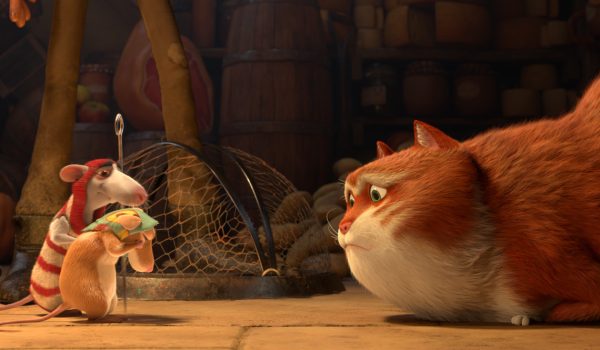 Na zdjęciu animowane postaci: kot przyglądający się dwóm szczurom.